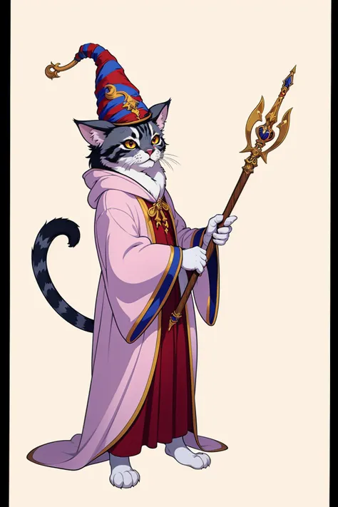 fantasy animal,  kitten wizard,  wizard hat, staff, robe, high quality, best quality, high detail, 8k resolution ((cel shaded, lineart, studio animation))