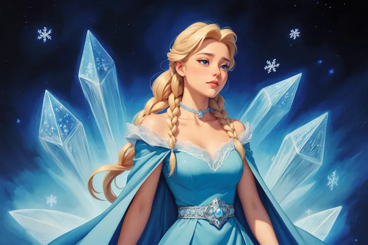 adult woman ((sad:1.3, crying))  elsa \(frozen\), (blue:1.1 cotton dress), gossamer cloak, (frost magic), (snowflakes), platinum blonde braid  belt, pastel flower lace sundress, soft lighting, jewelry, choker, fast fashion streetwear, sunglasses,  decorative, elaborate, ornate, intricate, 8k resolution, high detail, best quality, high quality, vibrant, studio anime, highly detailed,  ((art by Haruhiko Mikimoto)) (cel shading), line art