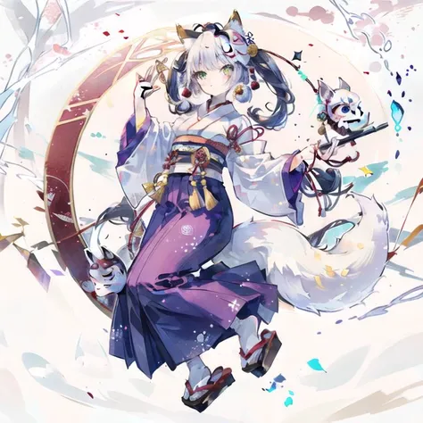 ((high resolution, solo trademark pose, full length)), (short twin tail white color hair cute yellow eyes, white tshirt:1.5, paper talismans picking hands:1.5, long purple traditional hakama:1.5, black geta clogs legs, Japanese exorcist girl calling divine spell with dancing Japanese paper talismans) BREAK (high resolution, traditional Japanese fox mask:2.0, yin-yang circle:1.5, blue pentagram circle:1.5, white seven fox-tails:1.5), Japanese night city outdoors