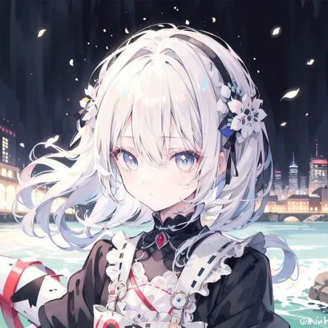 1girl,river,kubrick stare,widow's peak,gradient eyes,striped,color connection hair,
