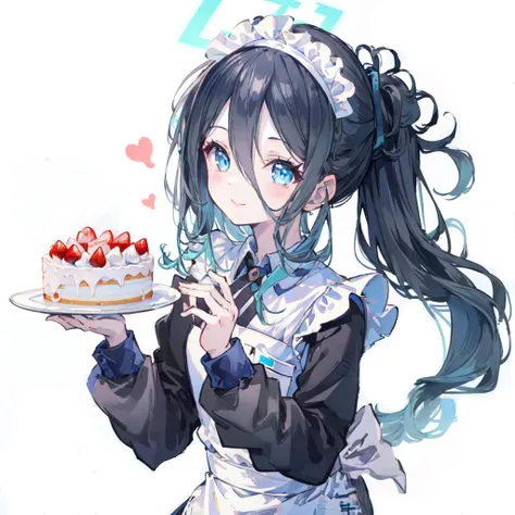 (masterpiece), (best quality), (extremely detailed CG unity 8k wallpaper), 1girl, solo,(maid:1.3),(have a cake:1.2),(pony-tail:1.3), cute, upper body, <lora:tendouAlice_v1:1>,original_alice, alice_halo, cute, smile,lora:BlueArchiveEmoji_v10:0.7>,chibi, (white background:1.4),