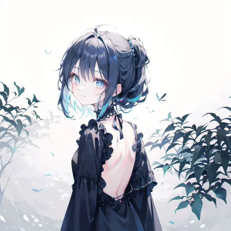 1girl,nature,smile,lone nape hair,blue sclera,backless outfit,greyscale with colored background hair,
