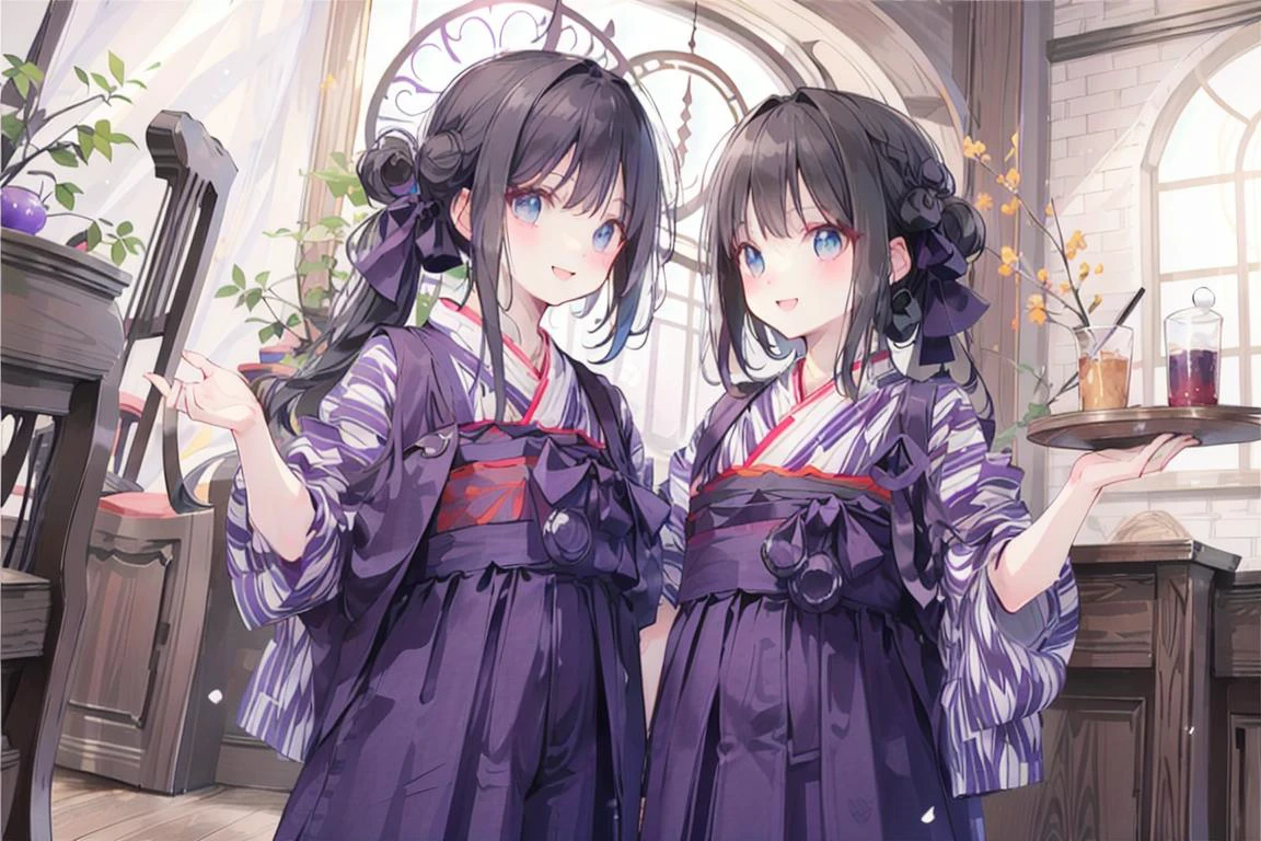 (laugh together, medieval tavern indoors, BMC), short special twin tail hair, cute blue eyes smile face, long purple traditional hakama:1.5, yagasuri, black lace up boots, wood floor, <lora:Basyamichi_v6:1.0>