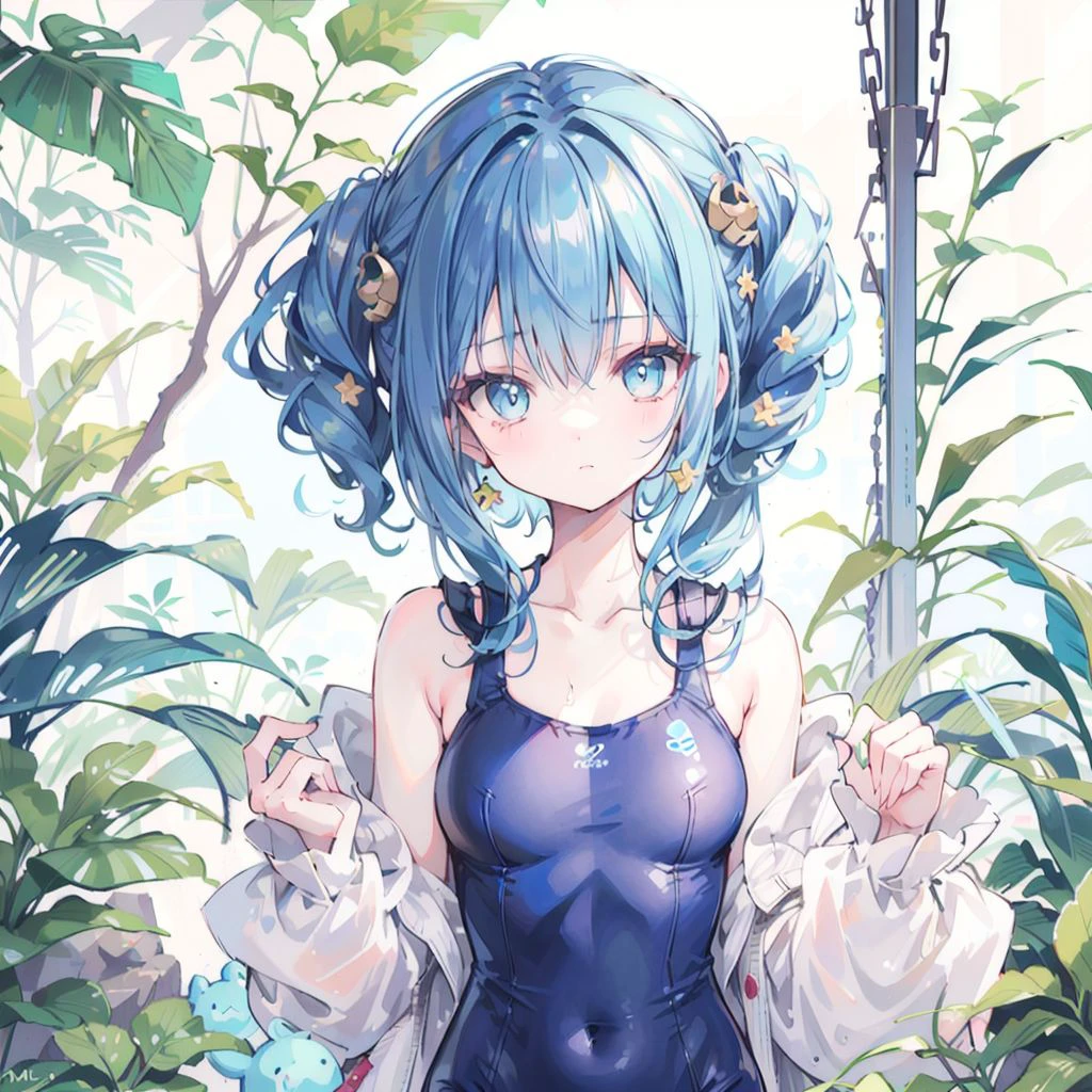 1girl,jungle,:|,beehive hairdo,eye reflection,casual one-piece swimsuit,blue theme hair,