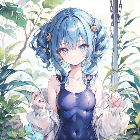 1girl,jungle,:|,beehive hairdo,eye reflection,casual one-piece swimsuit,blue theme hair,