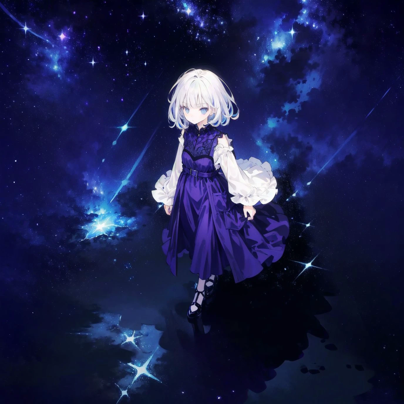 masterpiece,(best quality),(1girl) ,solo,(high contrast:1.2),(high saturation:1.2), ((hands on the pocket)),<lora:ArknightsIrene_hard:0.3>,((black and white sdress)),looking at viewer,((purple and blue theme:1.3)),((purple and blue background:1.5)),white hair,blue eyes,((walking:1.3)),full body,black footwear,((the blue water on ground reflecting the starry sky and nebula and galaxy)),((from above:1.2)) <lora:jX[P|:0.6>