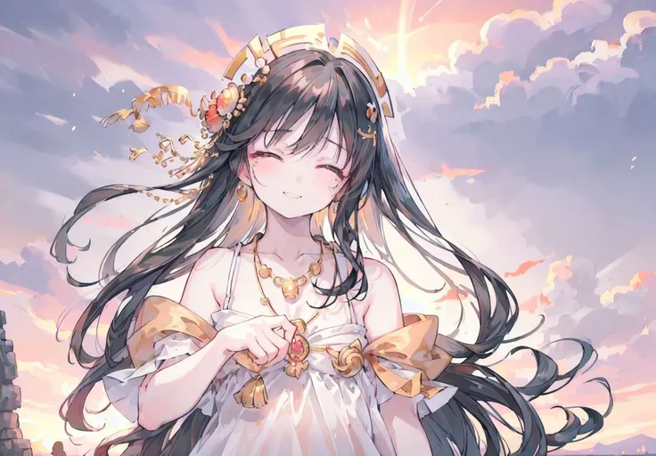 (masterpiece, best quality:1.2), 1girl, solo, upper body, closed eyes, teeth, smile, tears, head tilt, white dress, long black hair, bangs, hair ornament, necklace, sunset, golden sky