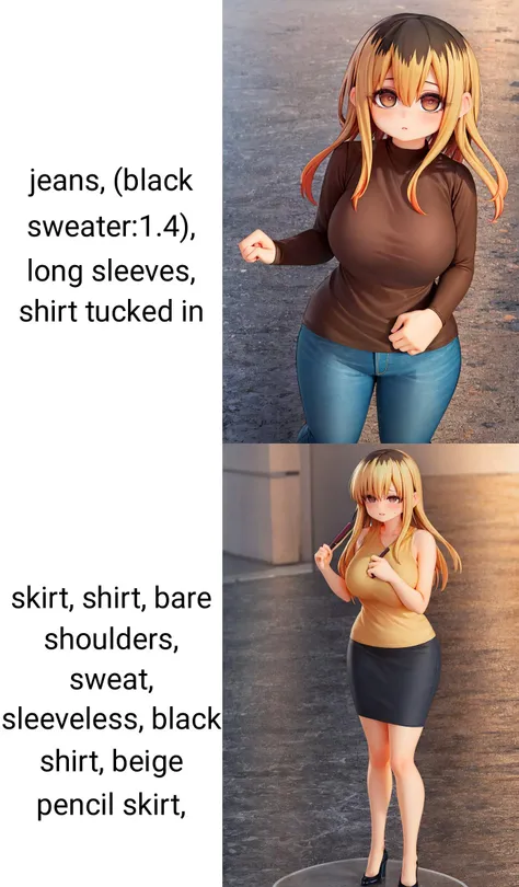 (masterpiece, best quality, beautiful detailed eyes, intricate details), 4k
1girl, solo, cowboy shot, outdoors, standing, full body,
<lora:ochiai_v3:.85> ochiai, long hair, bangs, blonde hair, brown hair, multicolored hair, brown eyes, (@_@:1.3), large breasts, jeans, (black sweater:1.4), long sleeves, shirt tucked in
<lora:popupparade:1>