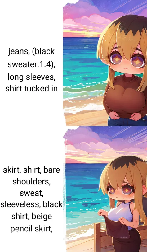 (masterpiece, best quality, beautiful detailed eyes, intricate details), 4k
1girl, solo, cowboy shot, outdoors, standing, sea of clouds
<lora:ochiai_v3:.85> ochiai, long hair, bangs, blonde hair, brown hair, multicolored hair, brown eyes, (@_@:1.4), large breasts, jeans, (black sweater:1.4), long sleeves, shirt tucked in
<lora:style_onmyoji:1> border, chibi