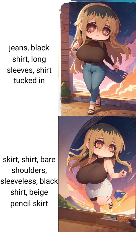 (masterpiece, best quality, beautiful detailed eyes, intricate details), 4k
1girl, solo, full body
<lora:ochiai_v4:1.00> ochiai, long hair, bangs, blonde hair, brown hair, multicolored hair, hair down, brown eyes, @_@, happy, huge breasts, (jeans, black shirt, long sleeves, shirt tucked in:1.1)
<lora:style_onmyoji-20:1> border, chibi