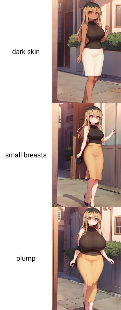 (masterpiece, best quality, beautiful detailed eyes, intricate details), 4k
1girl, solo, (full body:1.2), outdoors, dark skin
<lora:ochiai_v4:1.00> ochiai, long hair, bangs, blonde hair, brown hair, multicolored hair, hair down, brown eyes, @_@, nervous,
(skirt, shirt, bare shoulders, sleeveless, black shirt, beige pencil skirt:1.1)