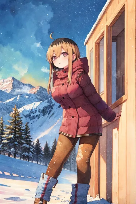 (masterpiece, best quality, beautiful detailed eyes, intricate details), 4k
1girl, solo, full body, outdoors, mountainous horizon, snow, (watercolor \(medium\),:1.4) 
winter clothes, snow, plants, 
<lora:ochiai_v4:1.00> ochiai, long hair, bangs, blonde hair, brown hair, multicolored hair, hair down, brown eyes, @_@, nervous, large breasts,