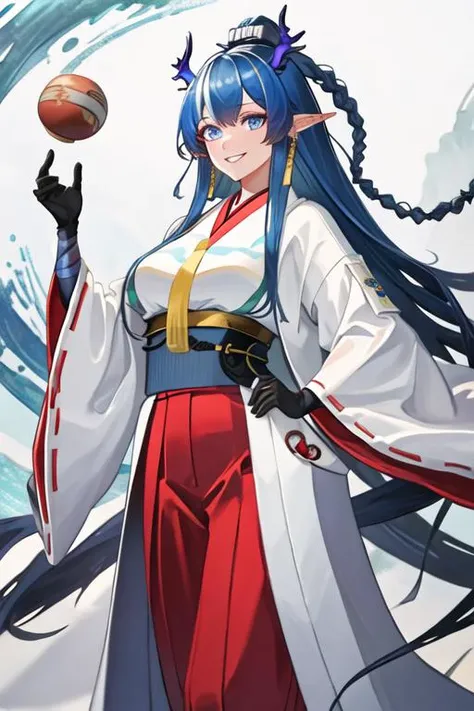 best quality, masterpiece, highres, solo, {white kimono:1.35}, {red hakama:1.35}, {wide sleeves:1.20}, {ling_arknights:1.15}, blue_hair, horns, long_hair, pointy_ears, dragon_horns, blue_eyes, jewelry, earrings, smile, bangs, breasts, multicolored_hair, very_long_hair, braid, necktie, yellow_necktie, large_breasts, parted_lips, streaked_hair