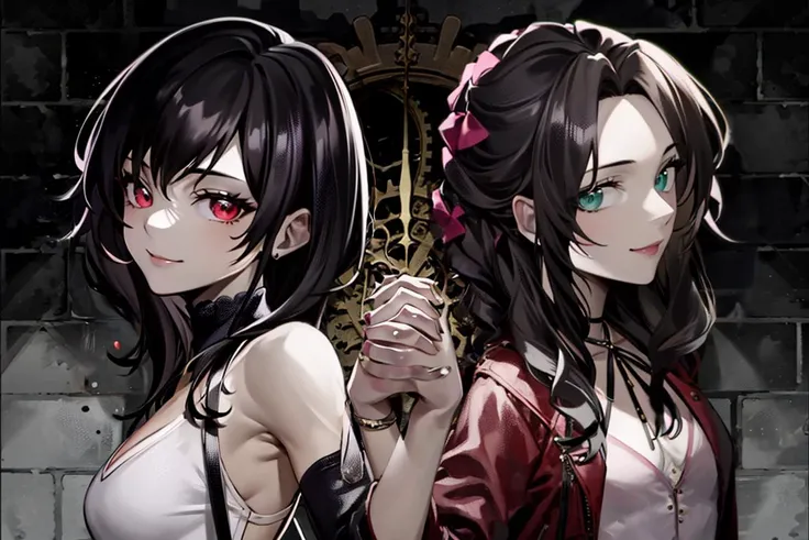 <lora:Requiemv2:0.9>, requiem, looking at viewer, smile, multiple girls, 2girls, upper body, holding hands,looking away, detailed beautiful face,
masterpiece, best quality, highres,aerith gainsborough, choker, cropped jacket, hair bow, bracelet, pink dress,  <lora:aerith-nvwls-v1-final:1>