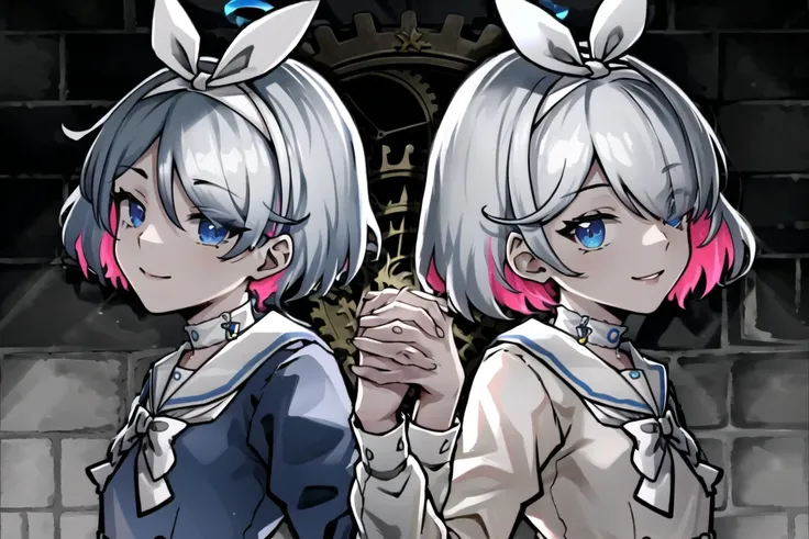 <lora:Requiemv2:0.9>, requiem, looking at viewer, smile, multiple girls, 2girls, upper body, holding hands, brick wall, gears, arona, 1girl, white hairband, bow hairband, halo, short hair, single braid, school uniform, blue shirt, white sailor collar, long sleeves, white bowtie, white choker <lora:aronaBlueArchive_v1:0.7>