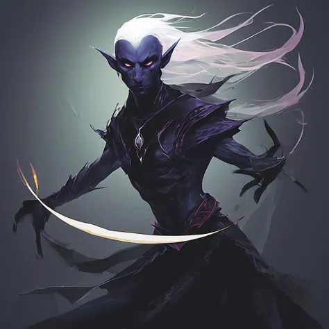 Drow are the Dark Elves of the Underworld - fearless killers who are known for both their spellcasting and fighting ability. Though more frail than humans,they are solid fighters with a great reputation of ruthlessness and precision. Those who cross a dark elf usually meet a swift demise. Drow are tallish elves with indigo skin and white hair,and usually have either red or golden eyes.,masterpiece,long exposure,layered elements,motion photography,stark contrasting color transitions,saturated colors,harmonious color story,illusionism,beautiful details,blackhole energy core,
<lora:artfullydrow__sdxl_v1:1>,drow ranger,scimitars,panther familiar,protection from evil,whirlwind attack,faerie fire,tracking,friend,of the moon elves,