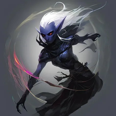 Drow are the Dark Elves of the Underworld - fearless killers who are known for both their spellcasting and fighting ability. Though more frail than humans,they are solid fighters with a great reputation of ruthlessness and precision. Those who cross a dark elf usually meet a swift demise. Drow are tallish elves with indigo skin and white hair,and usually have either red or golden eyes.,masterpiece,long exposure,layered elements,motion photography,stark contrasting color transitions,saturated colors,harmonious color story,illusionism,beautiful details,blackhole energy core,
<lora:artfullydrow__sdxl_v1:1>,drow ranger,scimitars,panther familiar,protection from evil,whirlwind attack,faerie fire,tracking,friend,of the moon elves,