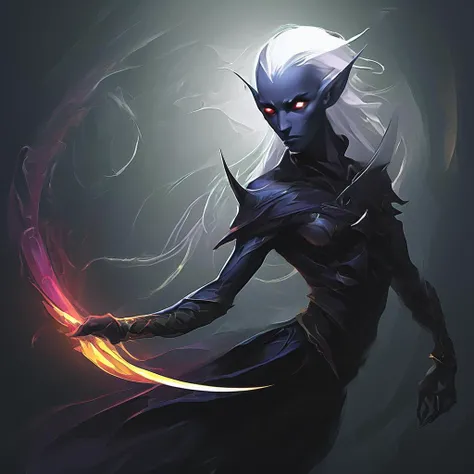 Drow are the Dark Elves of the Underworld - fearless killers who are known for both their spellcasting and fighting ability. Though more frail than humans,they are solid fighters with a great reputation of ruthlessness and precision. Those who cross a dark elf usually meet a swift demise. Drow are tallish elves with indigo skin and white hair,and usually have either red or golden eyes.,masterpiece,long exposure,layered elements,motion photography,stark contrasting color transitions,saturated colors,harmonious color story,illusionism,beautiful details,blackhole energy core,
<lora:artfullydrow__sdxl_v1:1>,drow ranger,scimitars,panther familiar,protection from evil,whirlwind attack,faerie fire,tracking,friend,of the moon elves,