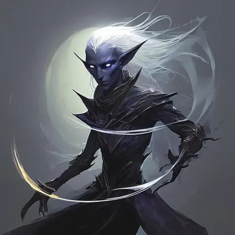 Drow are the Dark Elves of the Underworld - fearless killers who are known for both their spellcasting and fighting ability. Though more frail than humans,they are solid fighters with a great reputation of ruthlessness and precision. Those who cross a dark elf usually meet a swift demise. Drow are tallish elves with indigo skin and white hair,and usually have either red or golden eyes.,masterpiece,long exposure,layered elements,motion photography,stark contrasting color transitions,saturated colors,harmonious color story,illusionism,beautiful details,blackhole energy core,
<lora:artfullydrow__sdxl_v1:1>,drow ranger,scimitars,panther familiar,protection from evil,whirlwind attack,faerie fire,tracking,friend,of the moon elves,