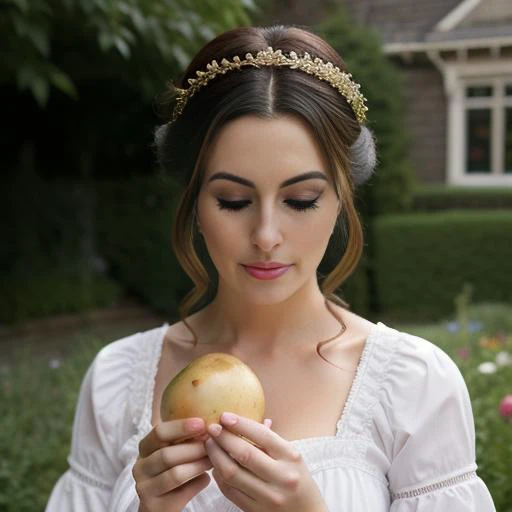 A beautiful victorian lady (black hair with auburn highlights) dressed in a beautiful and (intricate victorian dress) (small breasts:1.2) sitting in her beautiful garden in front of her victorian house, (cradling a potato in her hands). Reslistic, photo realism, hyper realism, ultra realistic, golden ratio, smooth sharp focus, trending on artstatin, sharp focus, studio photo, intricate details, highly detailed, professional