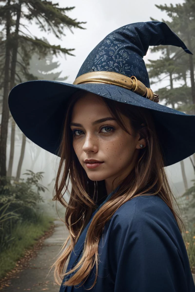 (best quality, masterpiece:1.2), 1 girl, adult (elven:0.7) woman, freckles, hazel eyes, light blonde shag hair, portrait, looking away, solo, (full body:0.6), detailed background, (<lora:smoke_model:0.4>, smokestyle theme:1.1), witch hat, witch, hair flowing in the wind, blue trimmed dark colored clothes, abandoned valley background, magic wand, whirlwind of glowing elemental spell in the air, dark magic, moonlight, rain, wet, drenched, magical atmosphere,
