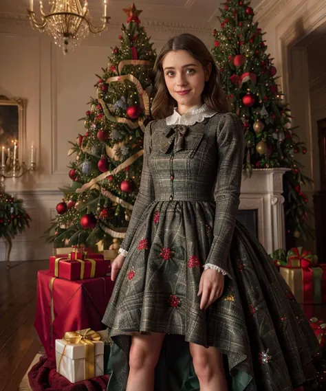 RAW, 50mm f 1.2, full body photograph or gorgeous fit, thin  n4t4l14d, face ,   wearing a red Victorian dress posing in front of ((Christmas tree)) in large Victorian Room, fireplace, eye contact, flirty smile, hyperdetailed 
<lora:n4t4l14d:1>