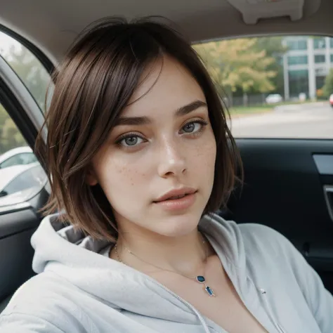 RAW photo, a 22-year-old-girl, upper body, selfie in a car, blue hoodie, (raecmbr-2650:0.9), (r4ec4mbr4:0.95), (1girl), (realistic), (photo-realistic:1.5), inside a car, driving, lipstick, freckles, (short hair), multicolor hair, necklace, (RAW photo, 8k uhd, film grain), Sharp Eyeliner, Blush Eyeshadow With Thick Eyelashes, extremely delicate and beautiful, 8k, soft lighting, high quality, highres, sharp focus, extremely detailed, during the day, (sunlight on face), beautiful detailed eyes, extremely detailed eyes and face, masterpiece, cinematic lighting, (high detailed skin:1.2), 8k uhd, dslr, soft lighting, high quality, film grain, Fujifilm XT3