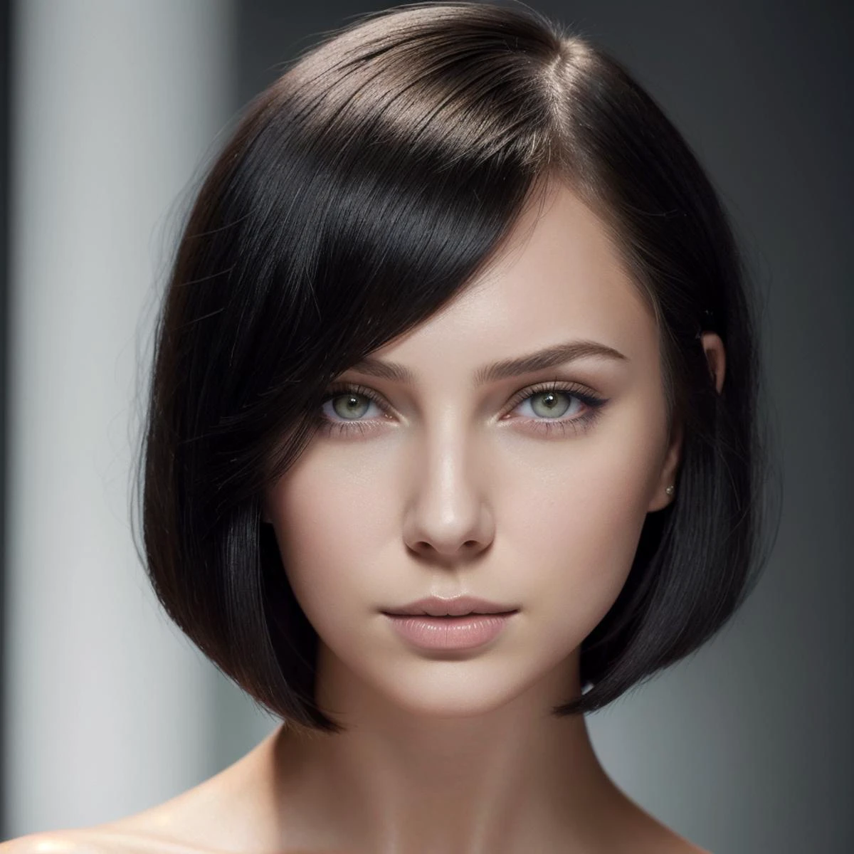 1 girl, Sophia Ivanovic, beautiful, bob haircut, black hair, pale skin, sharp complexion, very prominent cheekbones, portrait picture.
