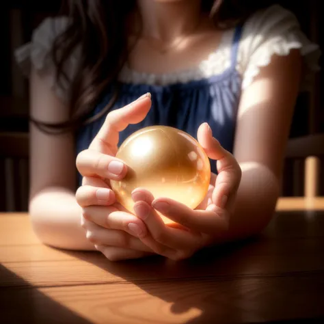 1girl holding  an orb in hands,liquid,still life,blurry,shadow,shiny,<lora:neurocore:0.05><lora:SD Add more details:0.75>