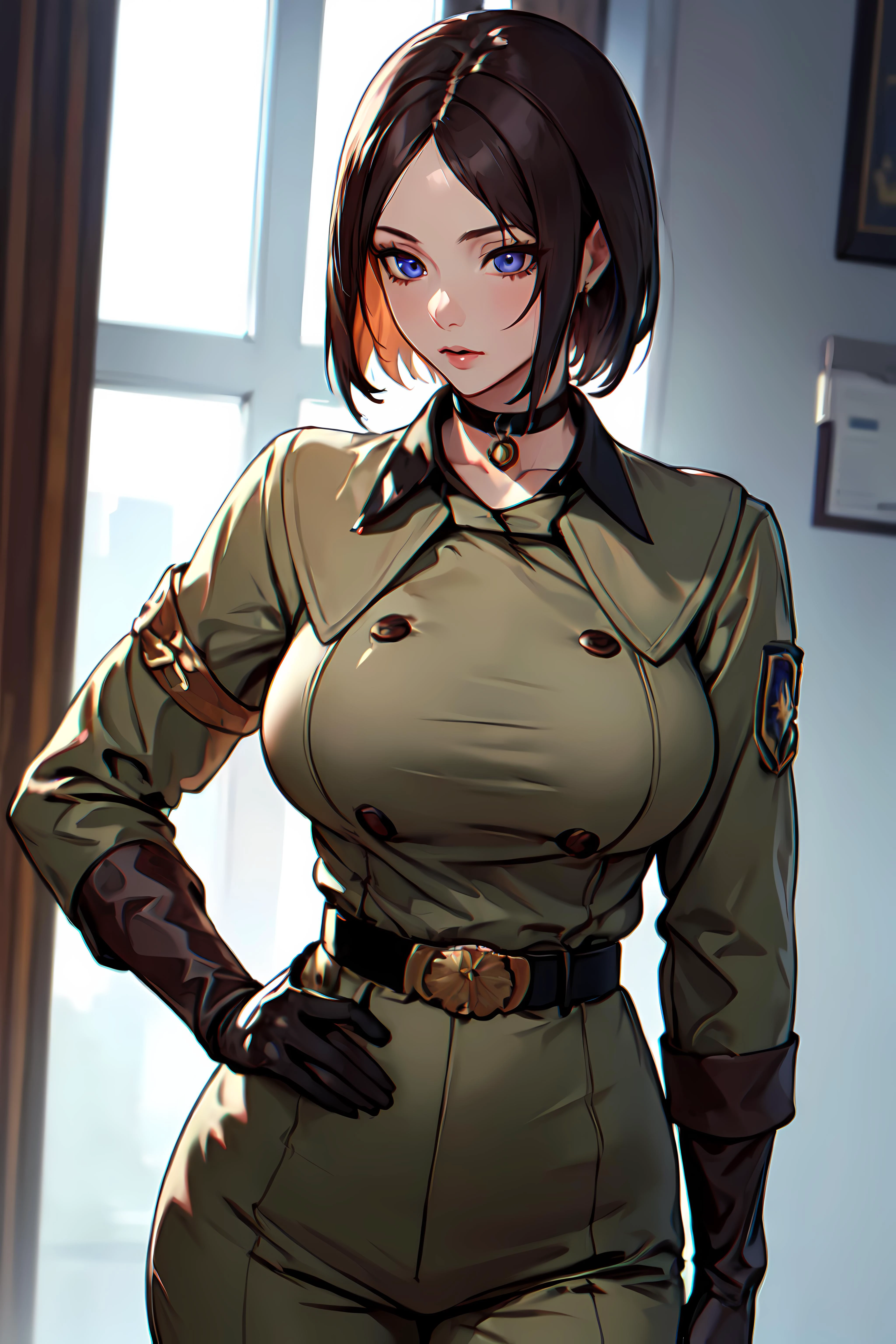 masterpiece,best quality, unreal engine, ultra res, extremely detailed,
1girl,medium breasts, waist,muscular, slender, waist shot,
<lora:Character_WhipMS:0.7> GLOVES, UNIFORM, MILITARY, MILITARY UNIFORM,BELT, CHOKER, PANTS, WHIP
<lora:Style_hews_style:0.5>hews style,<lora:Style_cutesexyrobutts_v2:0.2>CSR STYLE