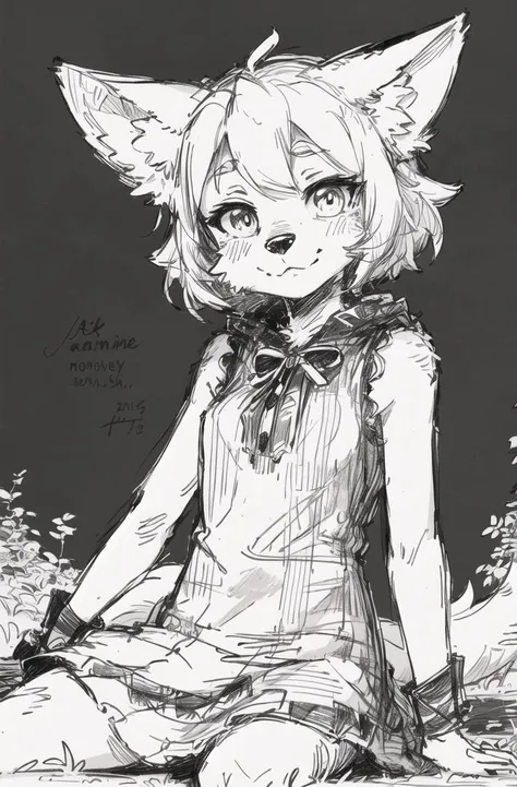 black background,ultra detailed(sketch:1.2),graphite,(monocolour:1.3), solo,on grass, 
furry fox girl,animal ear,dress,park, looking at viewer, <lora:ç±³å¤è¯ºå¤«:1>