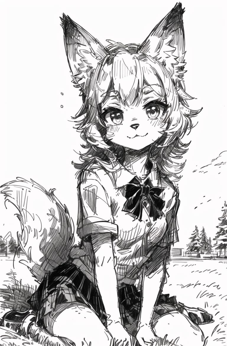 A drawing of a girl sitting on the ground with a cat - SeaArt AI