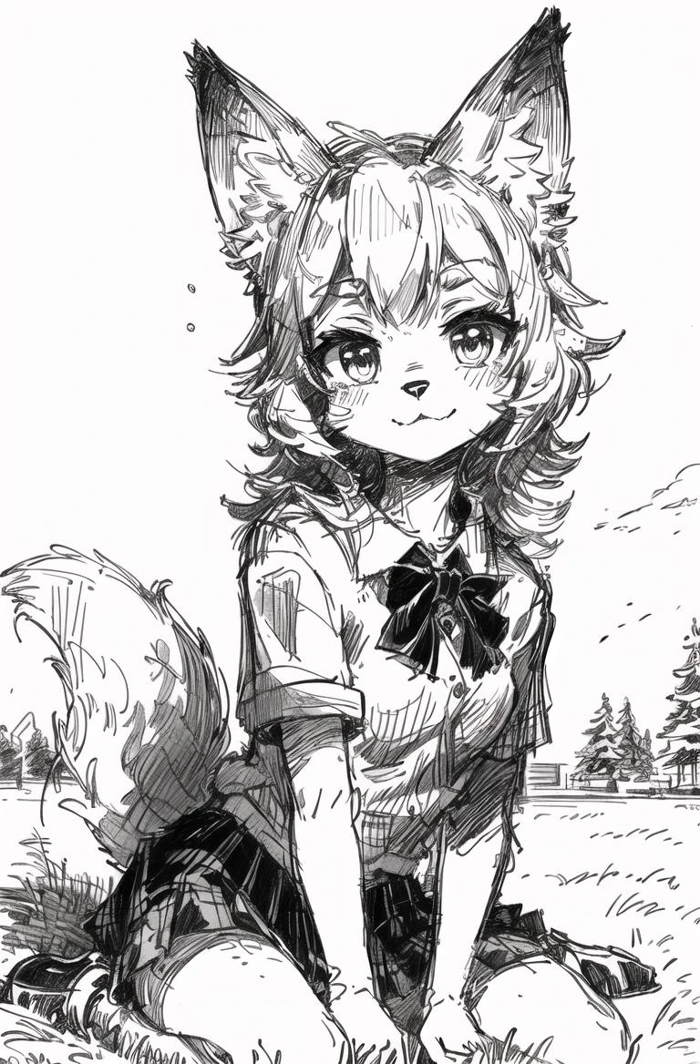black night,ultra detailed(sketch:1.2),graphite,(monocolour:1.3), solo,on grass,
furry fox girl,animal ear,school uniform,park, looking at viewer,
<lora:ç±³å¤è¯ºå¤«:1>