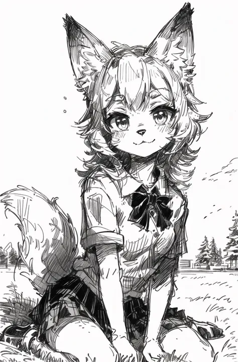 black night,ultra detailed(sketch:1.2),graphite,(monocolour:1.3), solo,on grass, 
furry fox girl,animal ear,school uniform,park, looking at viewer,
 <lora:ç±³å¤è¯ºå¤«:1>