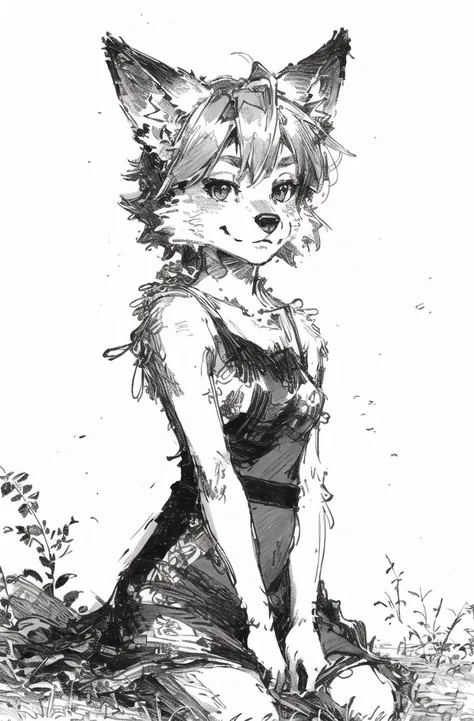 black background,ultra detailed(sketch:1.2),graphite,(monocolour:1.3), solo,on grass, 
furry fox girl,animal ear,dress,park, looking at viewer, <lora:RPCP:1>