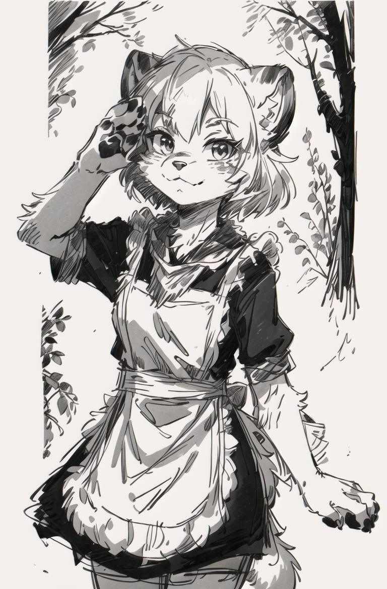ultra detailed(sketch:1.1),(monocolour:1.3), solo,(forest:1.2),soviet flat,salute,cowboy shot,
furry girl,(kid:1.4),manul,tusun,pallascat,,white apron,(neckerchief:1.2),black dress, looking at viewer,( fur paws:1.2),
<lora:RPCP:1> <lora:sovietForm:0.5> <lora:Manul:0.5> <hypernet:furry_kemono:0.3>