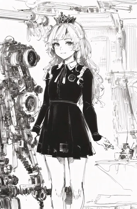 best quality,highres,(sketch,lineart,monocolor,Migunov:1.3)indoors,(Obsolete machine:1.5),(black and white ink art:1.2)
young girl,solo,messy hair,flipped long hair, princess skirt,short dress,long sleeves dress, public
<lora:Migunov2:1> <lora:public_v3.0-locon:1>