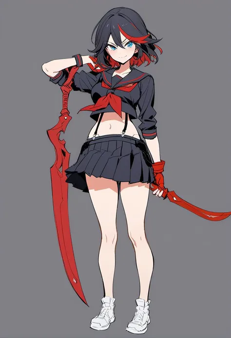 rating: sensitive, <lora:Matoi_Ryuuko_SDXL:1>,1girl, scissor blade, matoi ryuuko, senketsu, skirt, solo, school uniform, shoes, black hair, multicolored hair, smile, single glove, gloves, red gloves, short hair, serafuku, blue eyes, red hair, white background, streaked hair, suspenders, pleated skirt, standing, navel, full body, sneakers, simple background, weapon, midriff, black skirt, looking at viewer, holding, shirt, neckerchief, closed mouth, red neckerchief, crop top, black shirt, holding weapon, two-tone hair, sword, masterpiece, best quality