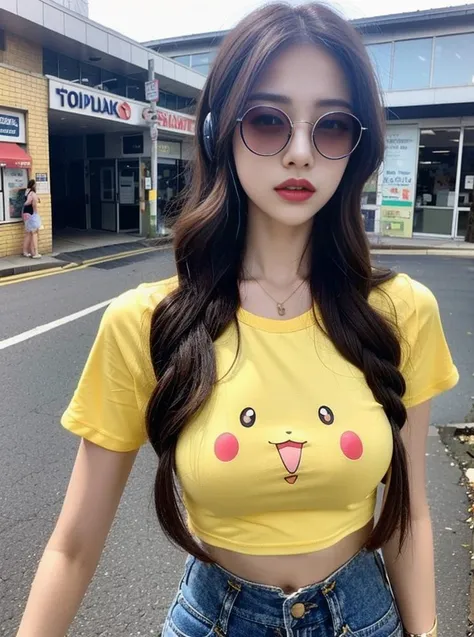A girl, wearing headphones, no one else in the background, delicate features, big eyes, wearing sunglasses, tall nose bridge, sexy lips, cute earrings, sexy body, 9 heads, golden ratio, bangs, slightly curly wavy hair, light pink hair, tall chest, pink printed T-shirt, denim hot pants, canvas shoes, vintage style, 90s style, nostalgia style, comic book style, magazine covers <lora:Pikachu T Shirt_20230805184254:0.8>Pikachu T-Shirt
pikachu
yellow shirt
large breasts
midriff, a very pretty girl,light blue hair,The background is a busy street,Du Qiong,Anime 5 sleep,computer graphics,sots art,big and nice chest,super big chest,Tight chest,Tight clothes,Wearing a light blue tight T-shirt,Various light blue skirts,Square Walk,Ray Tracing,Bright,It's drizzling,Upper Body Close-up,