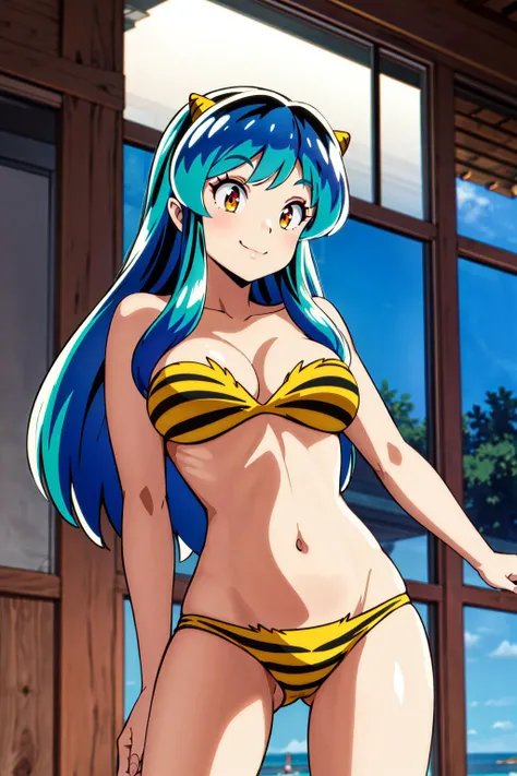 (​masterpiece, top-quality), 4ｋ, 8ｋ, clear animation quality, ultra-detailliert, 超A high resolution, intricate detailes, fully body photo, 1 girl, Ram, i can see your beautiful face, Detailed and accurate face, it grows on my head, two little devil horns, ((Ram_bikini of)), Colossal tits, huge udder, There is a cleavage between both breasts, Fingers４本の親Fingers1本です, The line from the hips to the thighs looks beautiful.., These are raw thighs with no clothes on.., i&#39;A man wearing tiger striped boots、it&#39;Flying, doing an action pose, embarrassed from, Laughing, The background is a blurred residential area, Japan townscape, 发光, Luboroso,