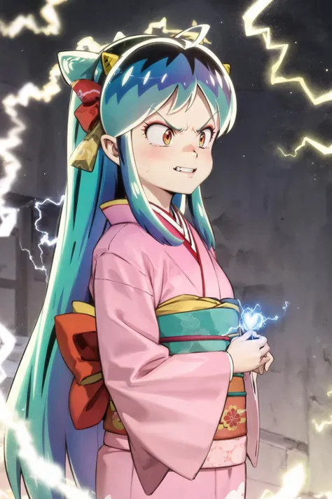 lum, kimono, smile, 1girl, angry, electrical discharges, electricity,