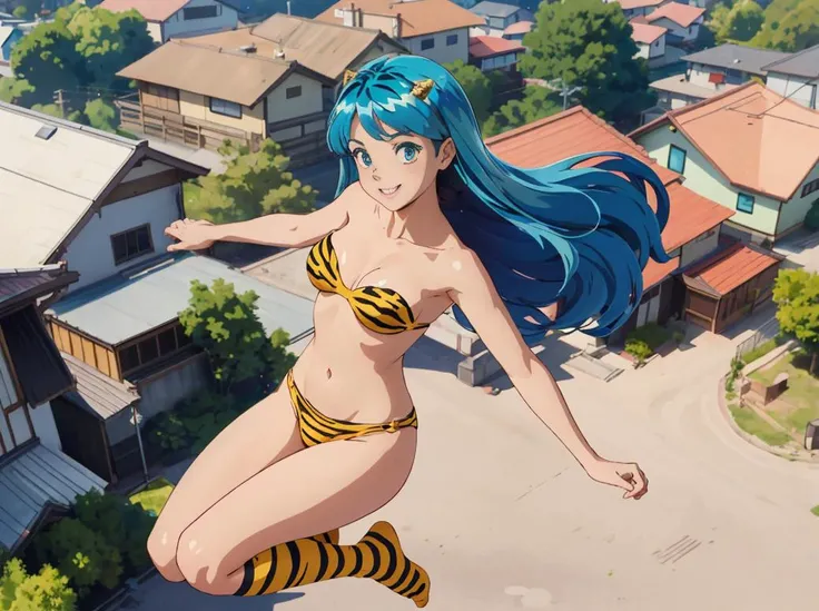 HD, lowres, bird-eye view , drawing
(lum:1.2), 1girl, full-body(flying, floating in air , anime japanese town, fly over houses, floating hair, wide view, from far), (curious, smiling:0.9), dot nose, small breast,
(animal print, strapless_bikini, print bikini, tiger print, tiger stripes , printed stocking socks)
breasts, full_body, blue hair, floating hair, tiny cone horns:0.5, navel, jumping:0.2
lum in lum_bikini, hanging in air
<lora:Lum:0.3>