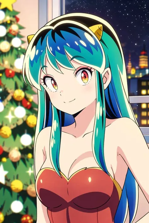 lum, 1girl, night, Christmas tree, room, smile, garlands, masterpiece, best quality