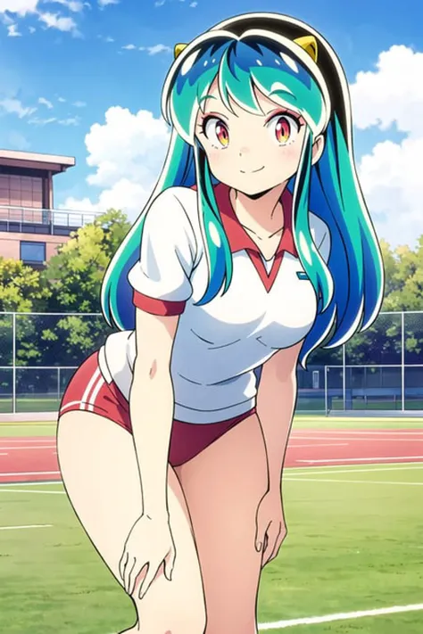 lum, 1girl, gym uniform, buruma, sport festival, stadium, smile,