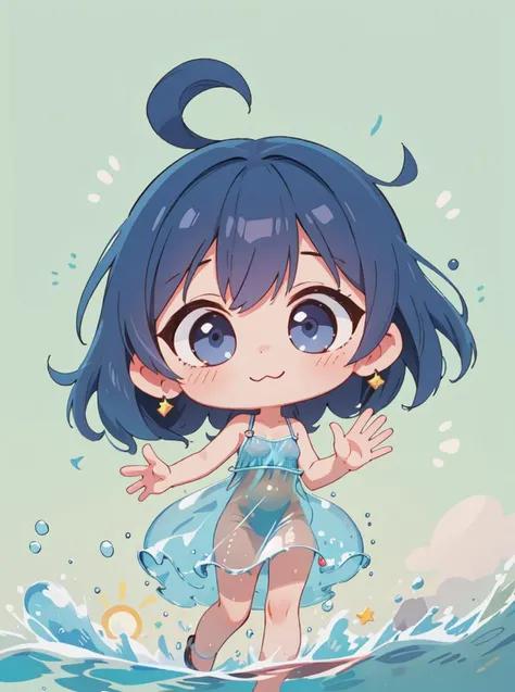 8k, masterpiece, highly detailed, high quality,
woman wearing a water dress, <lora:water_dress-SD-2.0:1>
blue hair Half-Up Half-Down,
waving hello, chibi, cute