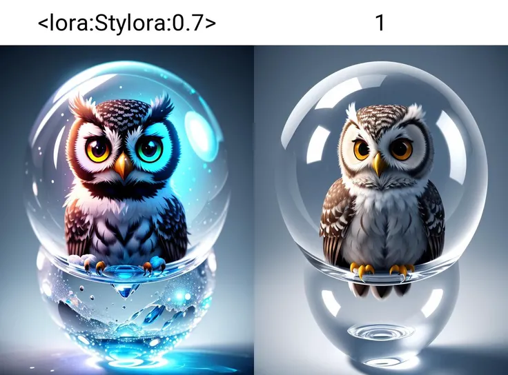 A realistic cute adorable baby owl made of crystal ball with low poly eye's surrounded by glowing aura highly detailed intricated concept art with vivid beautiful colors trending artstation 8k <lora:Stylora:0.7>,