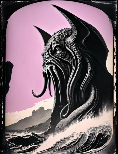 (Cthulhu grasps the burning Earth), mountains shattered, the prison of stone broken, ([purple background:overlapping swirling color purple gold white:5]), (black stone frame, black edges), ancient stone border, bat wings, dripping, flames, eldritch revelry, abstract, ocean waves, ancient spires rising from the sea, the stars are right, the sleeper awakens, in the style of b1nk. <lora:add_detail:0.1>,  <lora:Stylora:0.7> ,  ((in the style of a tintype photograph)), high quality, film grain,