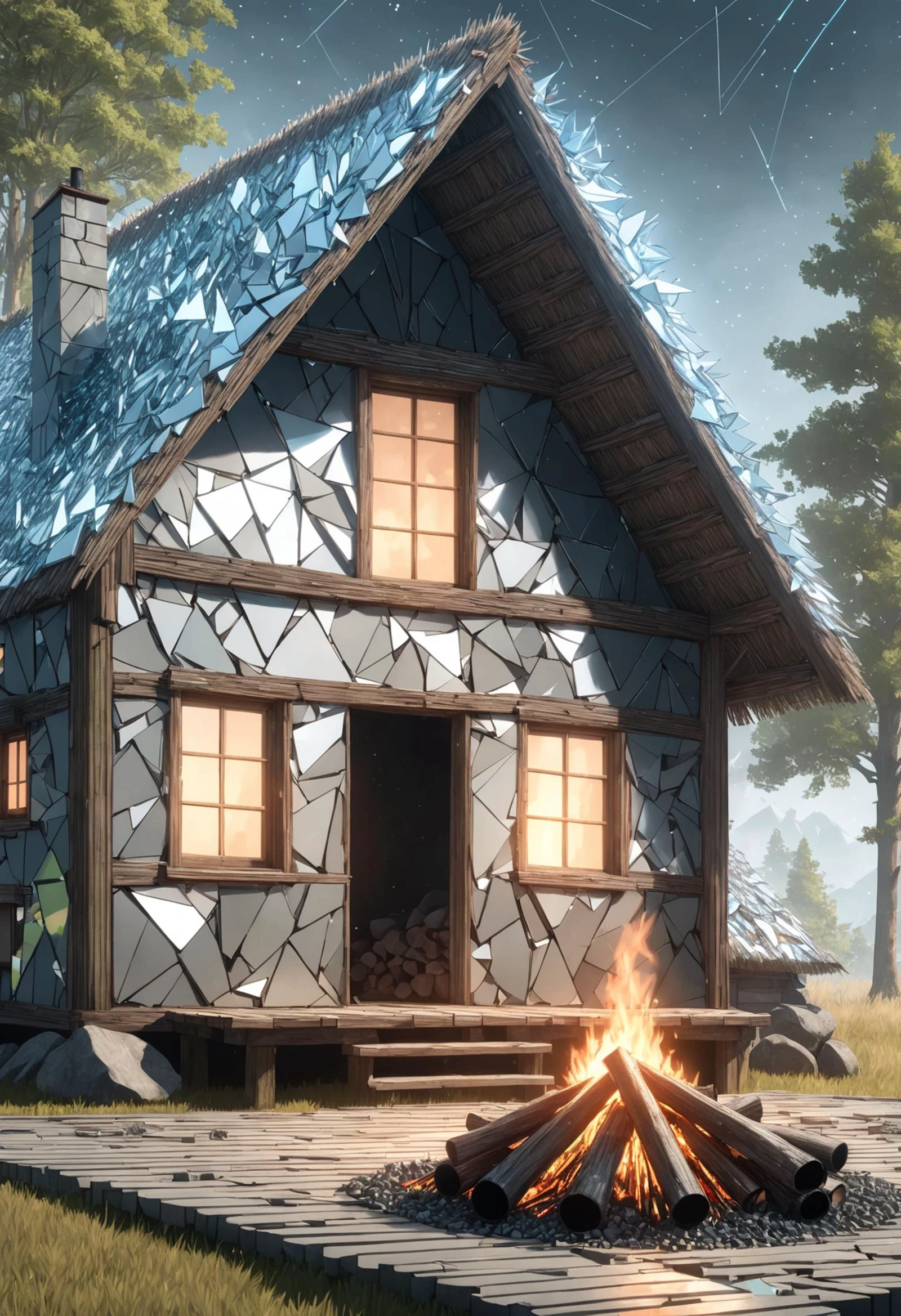 DonMBr0ck3nM1rr0rXL holographic information nexus, thatch roofing roof,vinyl siding,soapstone stone,high-strength nanotube girders, campfires,gas lanterns, floodlights <lora:DonMBr0ck3nM1rr0rXL:1>