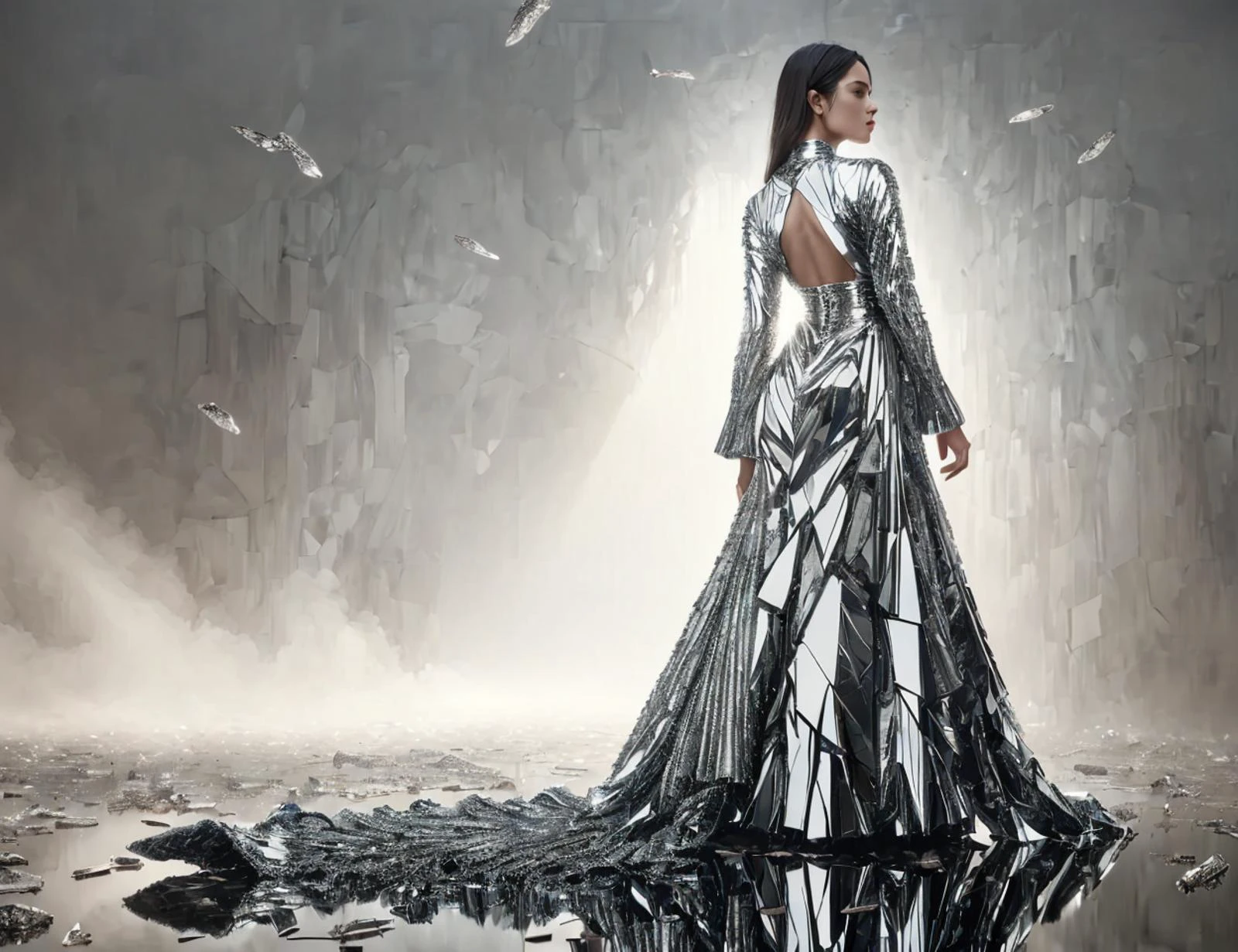 masterpiece, awesome quality, cinematic lighting, detailed, DonMBr0ck3nM1rr0r loose full body clothing, quantum alloy, travertine stone, raglan sleeves, midi length, drop waist, pleated skirt, detachable train, tie closure,,illusion back,,layered look <lora:DonMBr0ck3nM1rr0r:1>