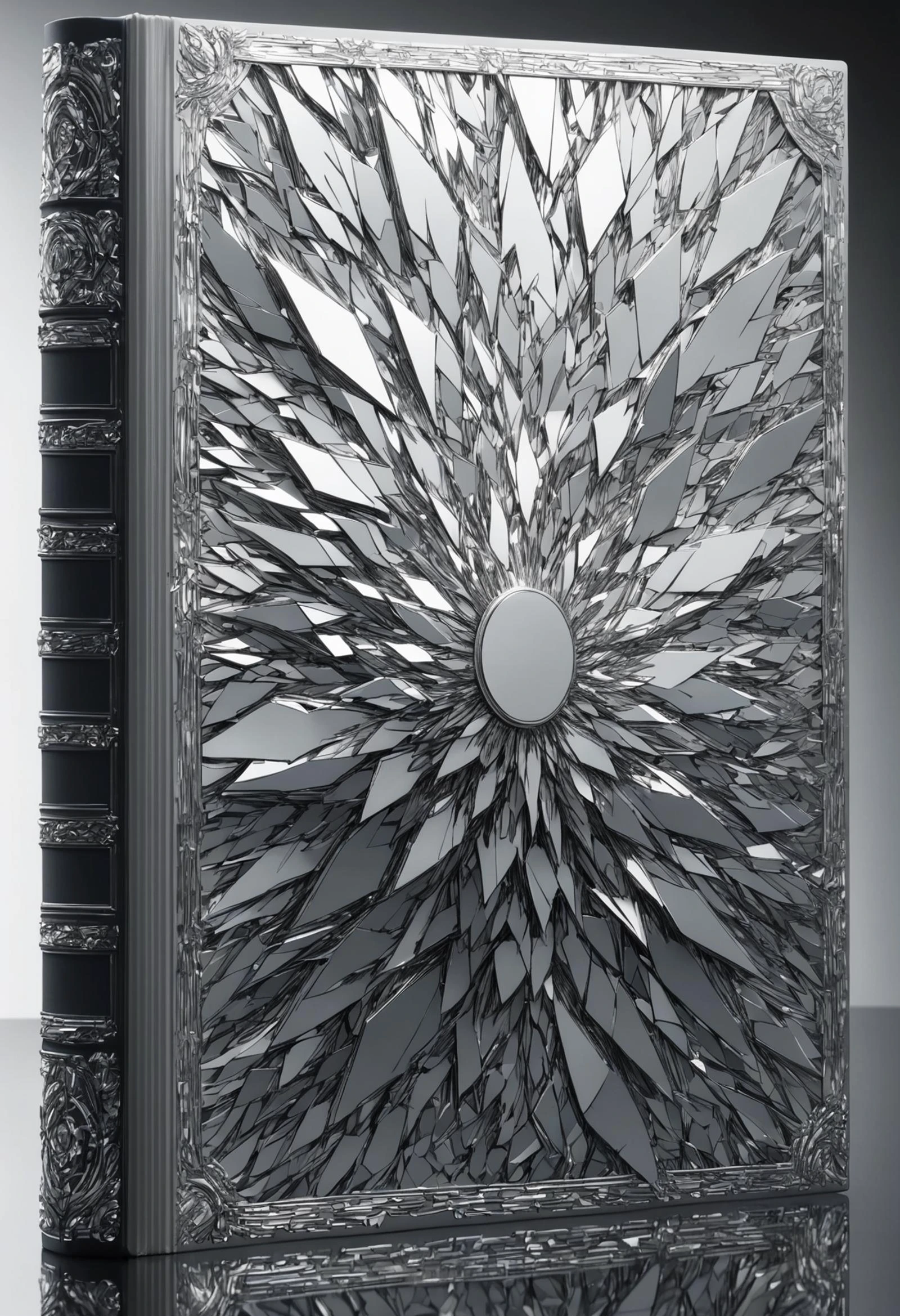 DonMBr0ck3nM1rr0rXL hardcover book, foil stamping, polymer, <lora:DonMBr0ck3nM1rr0rXL:1>